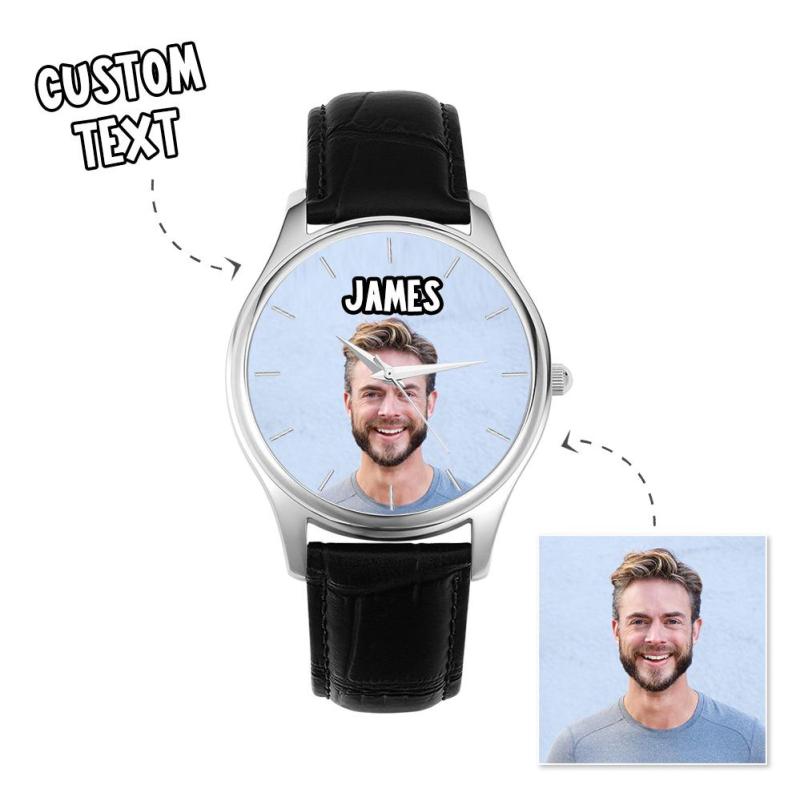 Custom Name Photo Watch 40mm Black Leather Strap Personalized Gift for Him