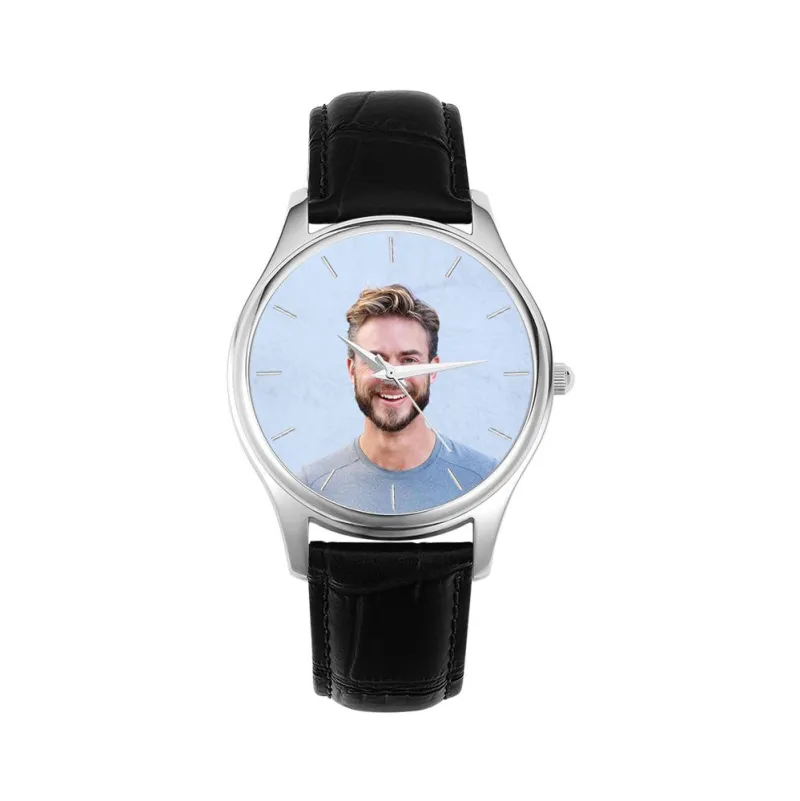 Custom Name Photo Watch 40mm Black Leather Strap Personalized Gift for Him 1