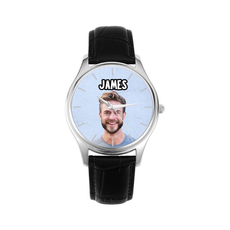 Custom Name Photo Watch 40mm Black Leather Strap Personalized Gift for Him 2