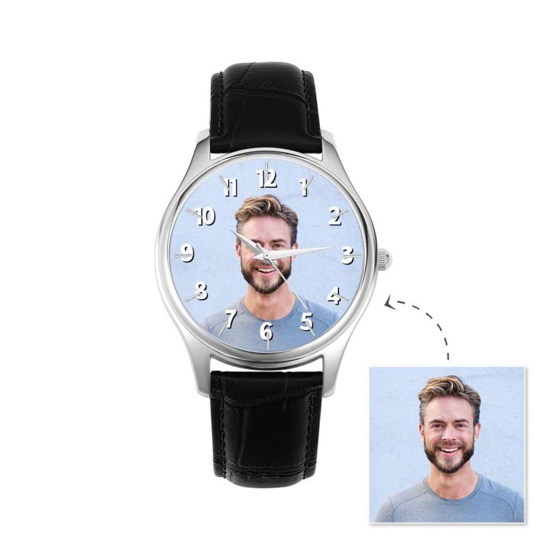 Custom Name Photo Watch 40mm Black Leather Strap Personalized Gift for Him 3