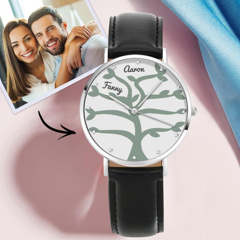 Custom Name Watch Black Leather Strap 40mm Couple's Gifts (1-9 Names)