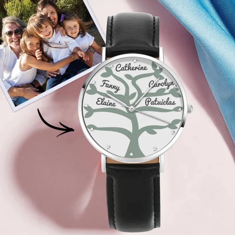 Custom Name Watch Black Leather Strap 40mm Creative Gifts (1-9 Names)