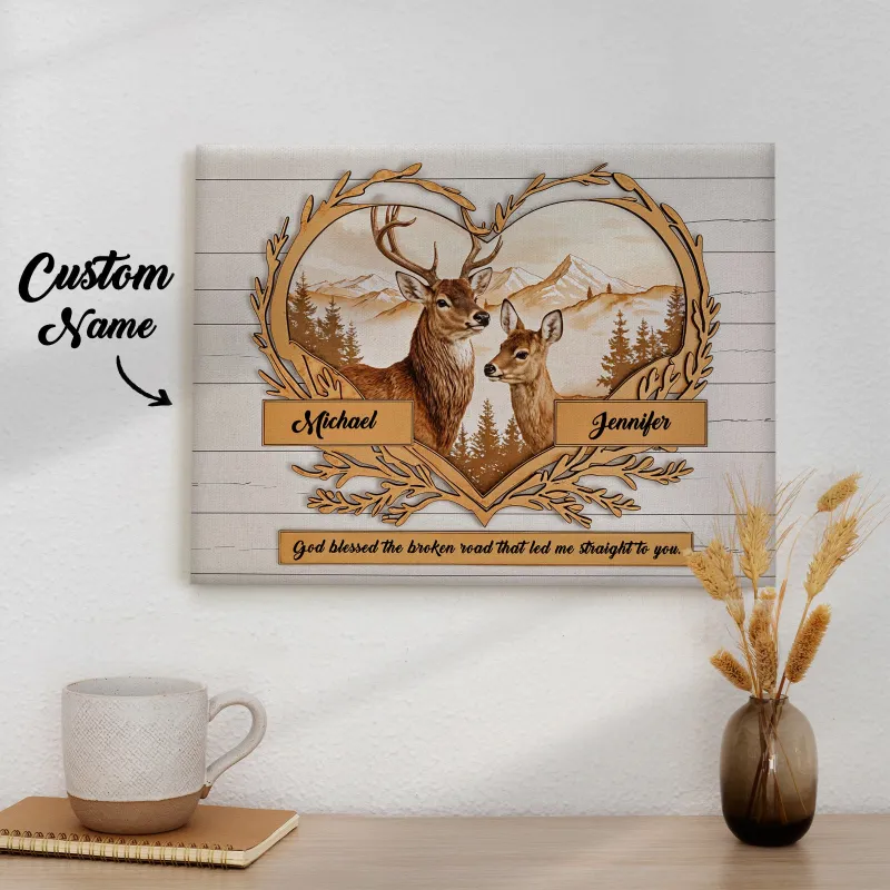 Custom Names Deer Love Mountains Premium Canvas Print Personalized Wall Decor Gift for Couple