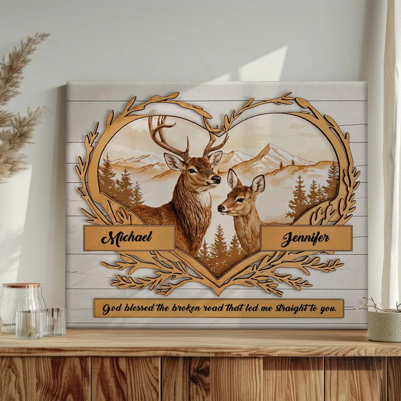 Custom Names Deer Love Mountains Premium Canvas Print Personalized Wall Decor Gift for Couple 2