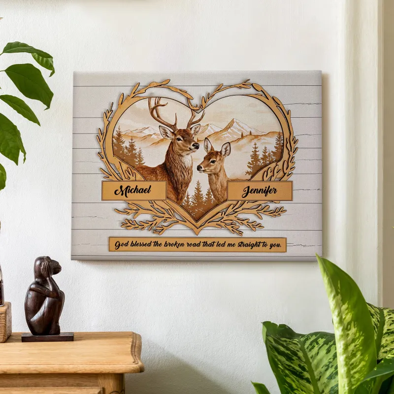 Custom Names Deer Love Mountains Premium Canvas Print Personalized Wall Decor Gift for Couple 1