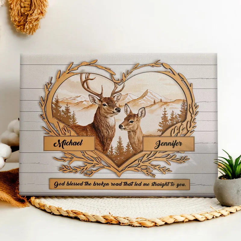 Custom Names Deer Love Mountains Premium Canvas Print Personalized Wall Decor Gift for Couple 3