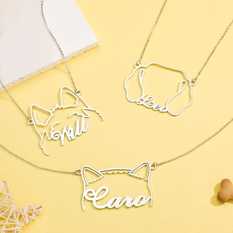 Custom Pet Silhouette Name Necklace Cute Dog Cat Modeling Jewelry Gift for Pet Lover