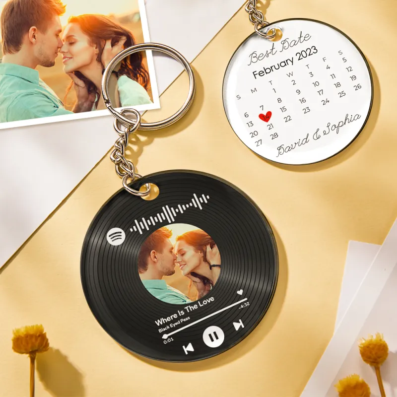 Custom Photo and Date Keychain Calendar Keychain Scannable Spotify Code Keychain Anniversary Gifts for Couple 1