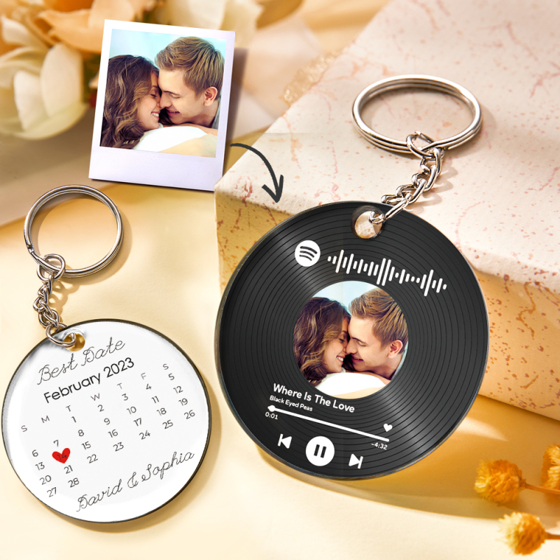 Custom Photo and Date Keychain Calendar Keychain Scannable Spotify Code Keychain Anniversary Gifts for Couple