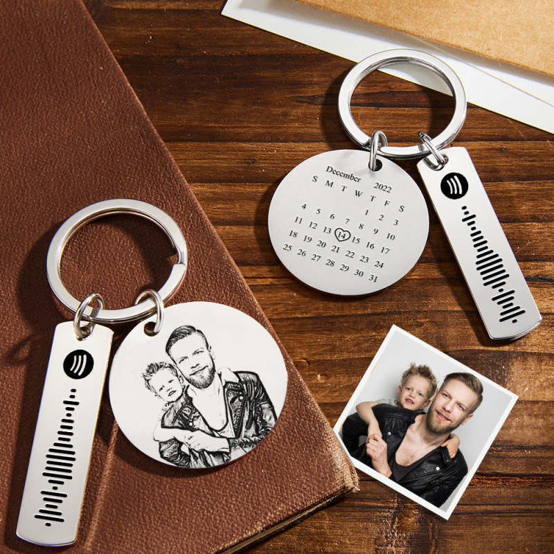 Custom Photo Calendar Spotify Keychain Personalized Stainless Steel Keychain Father's Day Gift