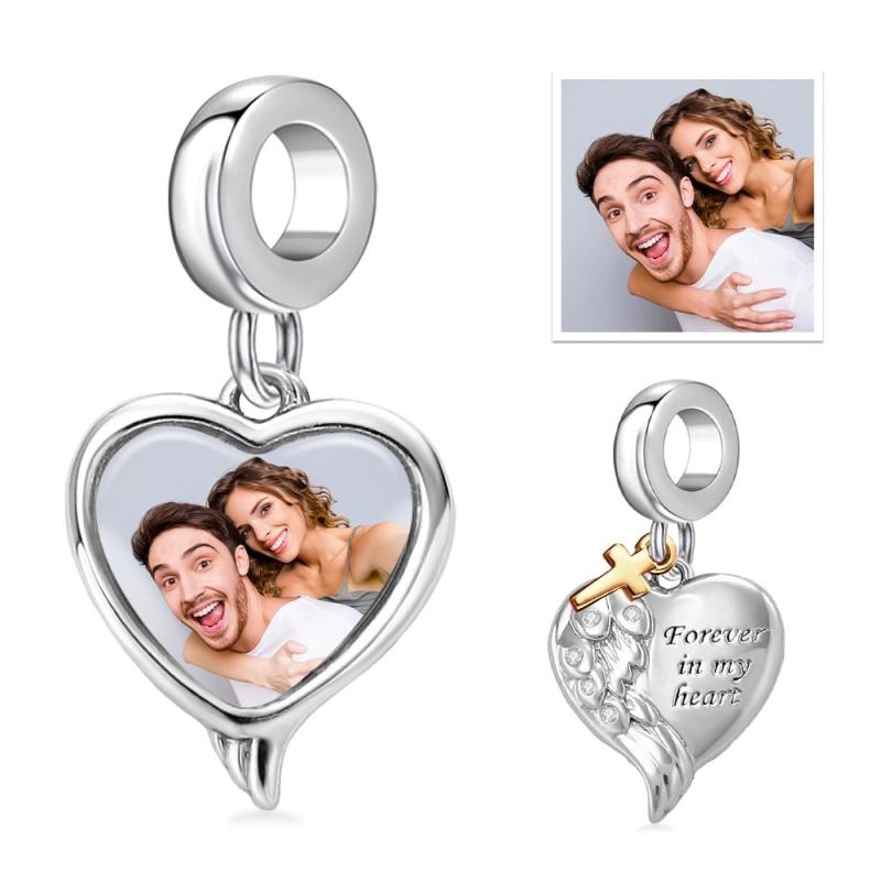 Custom Photo Charm Angel Wing Heart Cross Couple Gift