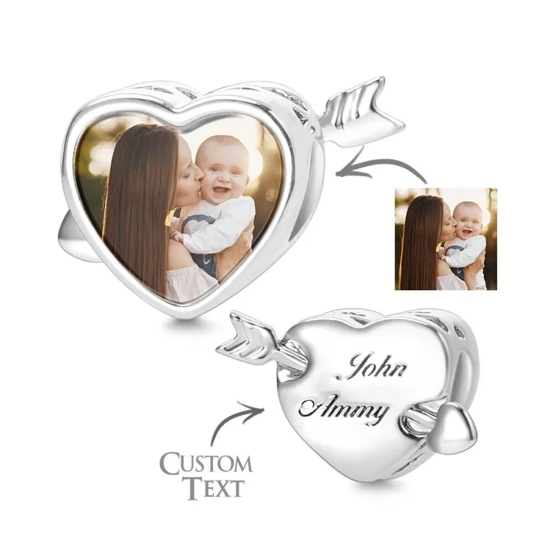 Custom Photo Charm Heart Arrow with Text Engraving on Back