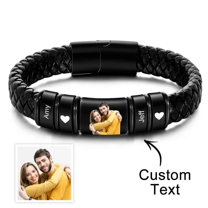 Custom Photo Engraved Bracelet Leather Bracelet Men's Bracelet Gifts for Him 1