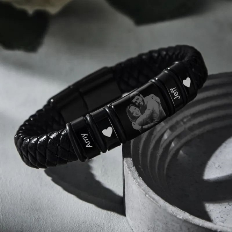 Custom Photo Engraved Bracelet Leather Bracelet Men's Bracelet Gifts for Him 5