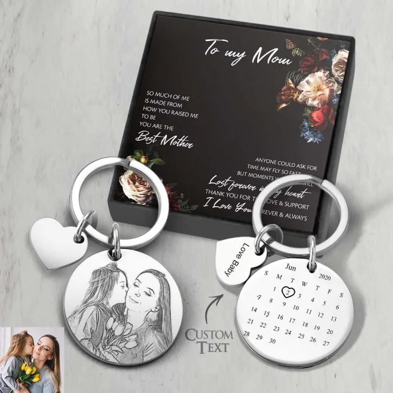 Custom Photo Engraved Keychain Date Save Keychain Significant Date Marker Custom Anniversary Gift For Mom