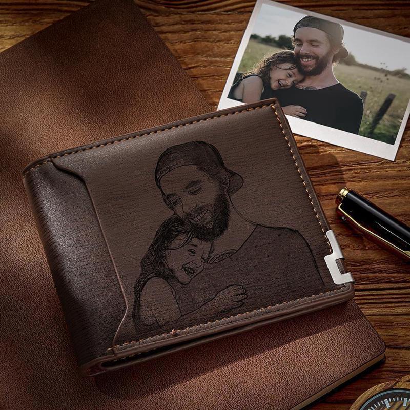 Custom Photo Engraved Wallet Short Style Bifold - Coffee Leather