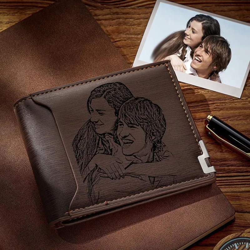 Custom Photo Engraved Wallet Short Style Bifold, Gift for Friend - Coffee Leather 1