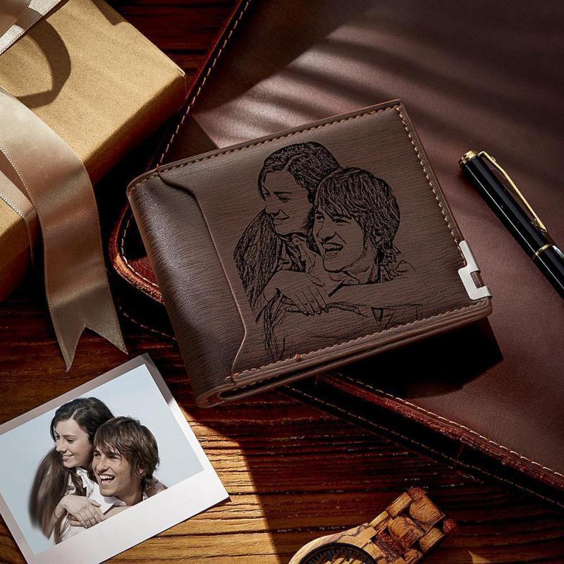 Custom Photo Engraved Wallet Short Style Bifold, Gift for Friend - Coffee Leather 2