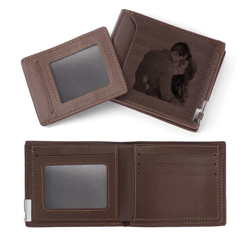 Custom Photo Engraved Wallet Short Style Bifold, Gift for Friend - Coffee Leather 6