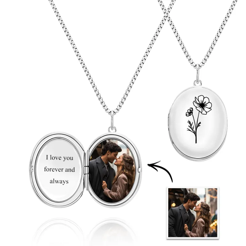 Custom Photo Locket Necklace with Engravable Birth Flower Birthday Gift for Women