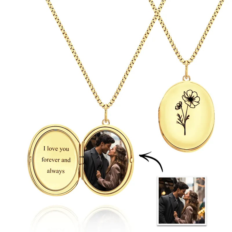 Custom Photo Locket Necklace with Engravable Birth Flower Birthday Gift for Women 1