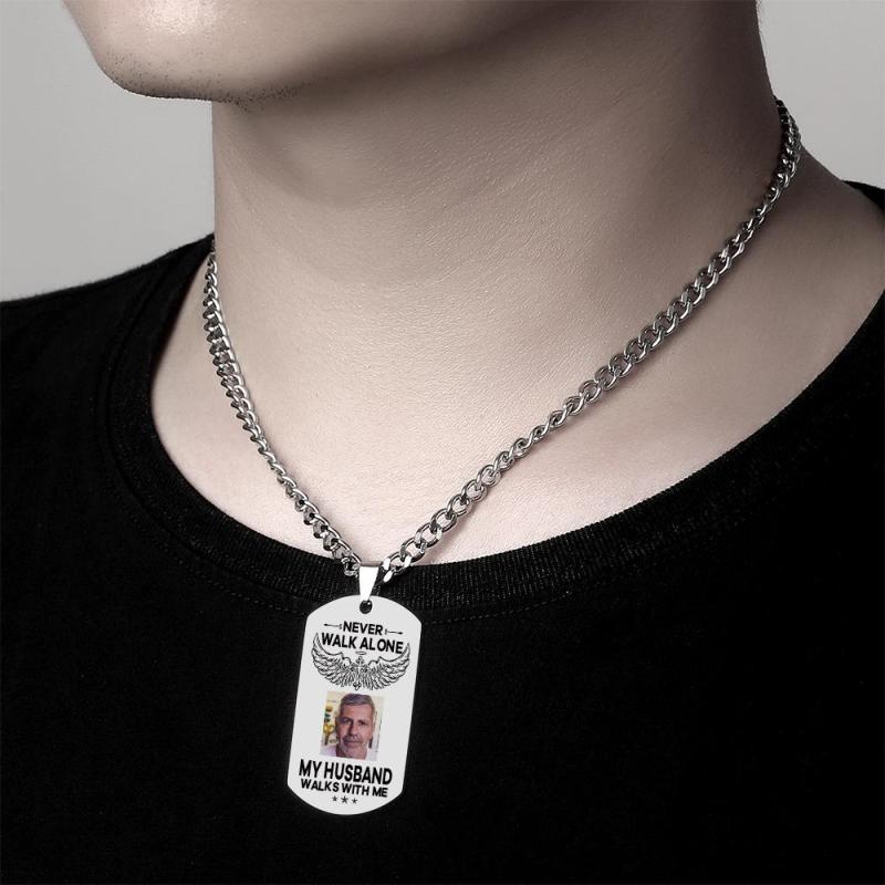 Custom Photo Necklace NEVER WALK ALONE Engrave Tag Necklace Stainless Steel Commemorative Gift 1