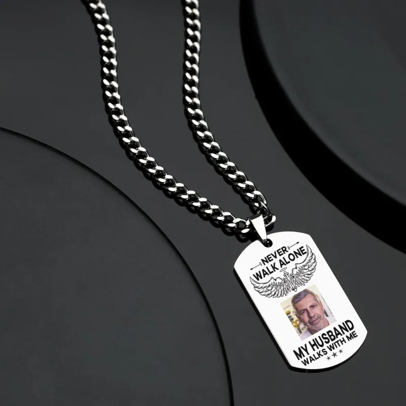 Custom Photo Necklace NEVER WALK ALONE Engrave Tag Necklace Stainless Steel Commemorative Gift 3