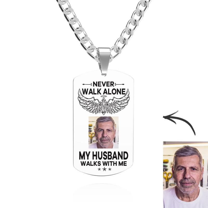 Custom Photo Necklace NEVER WALK ALONE Engrave Tag Necklace Stainless Steel Commemorative Gift