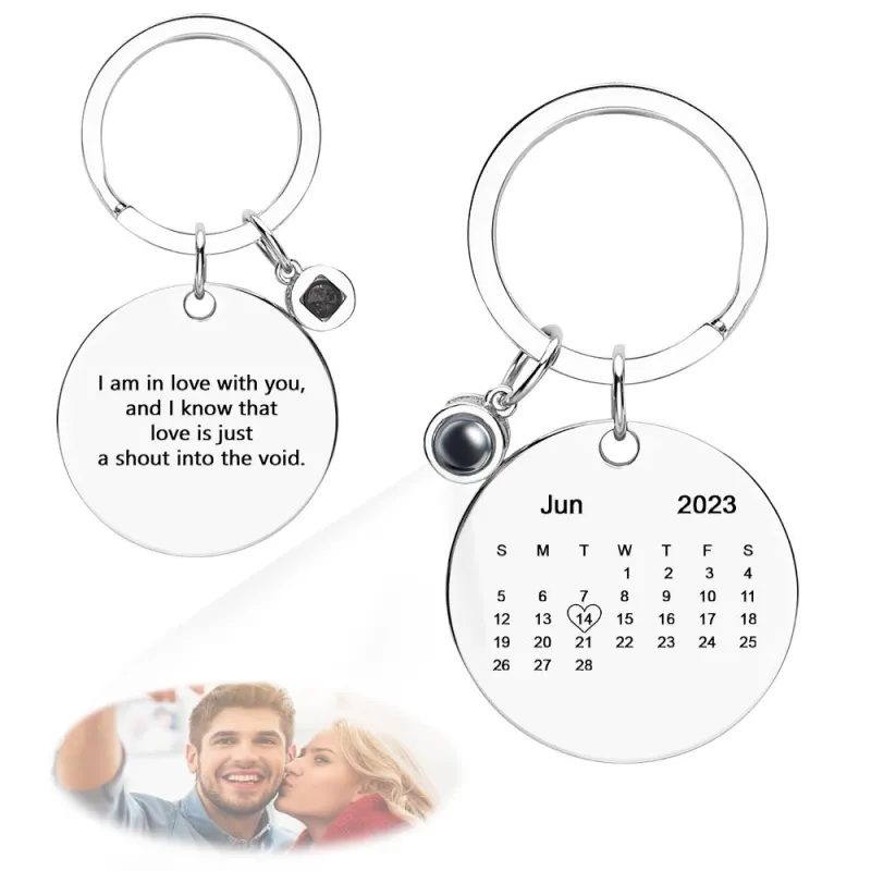 Custom Photo Projection Keychain Personalized Calendar with Text Key Ring