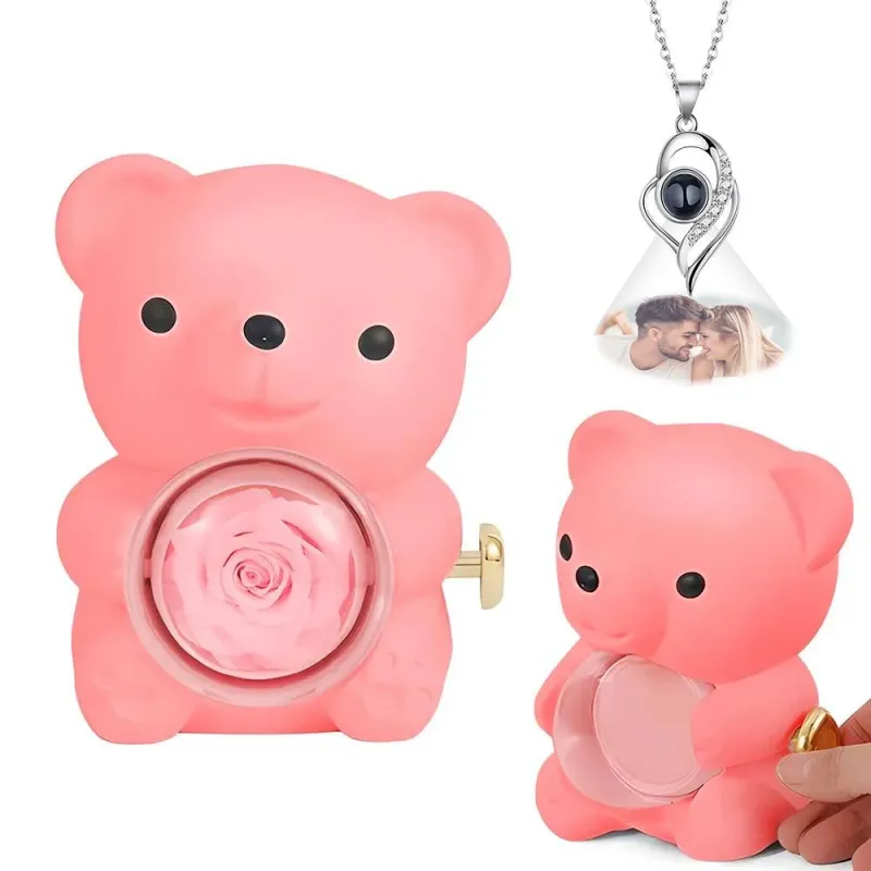 Custom Photo Projection Necklace with Real Rose Bear Gift box Rose Shaped Necklace Gift Box Jewellery Gift Box 4