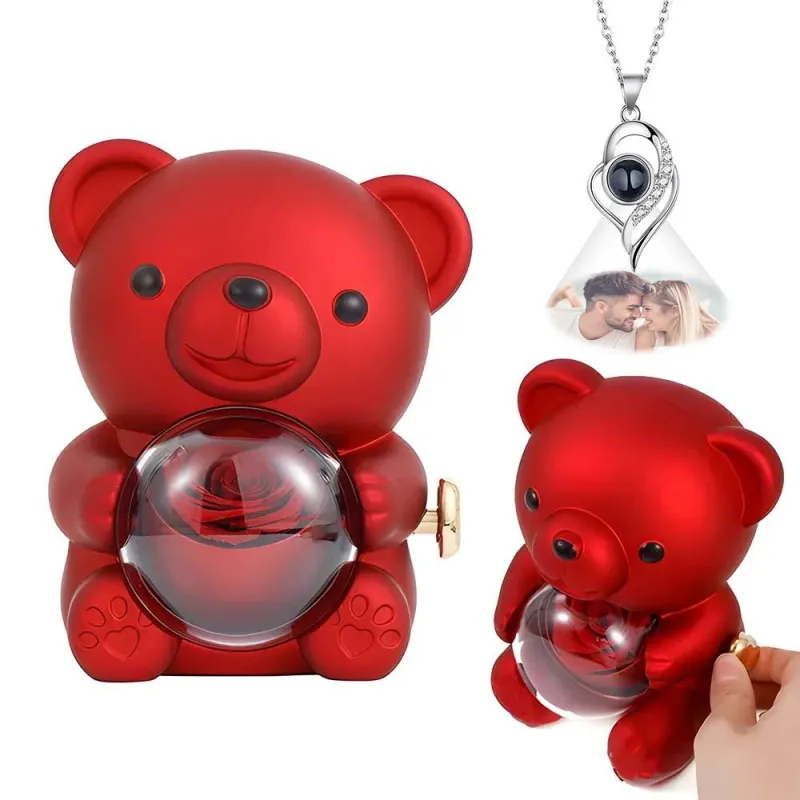 Custom Photo Projection Necklace with Real Rose Bear Gift box Rose Shaped Necklace Gift Box Jewellery Gift Box