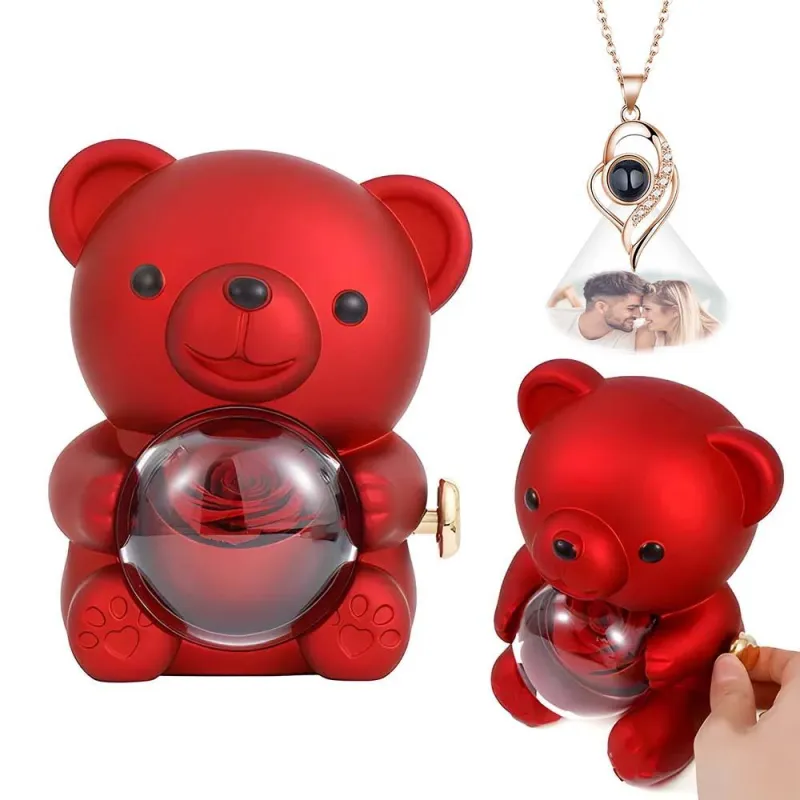 Custom Photo Projection Necklace with Real Rose Bear Gift box Rose Shaped Necklace Gift Box Jewellery Gift Box 5