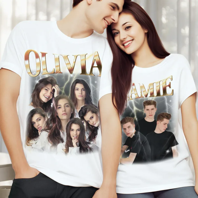 Custom Photo Vintage Tee Personalized Name T-shirt Black Valentine's Day Gifts