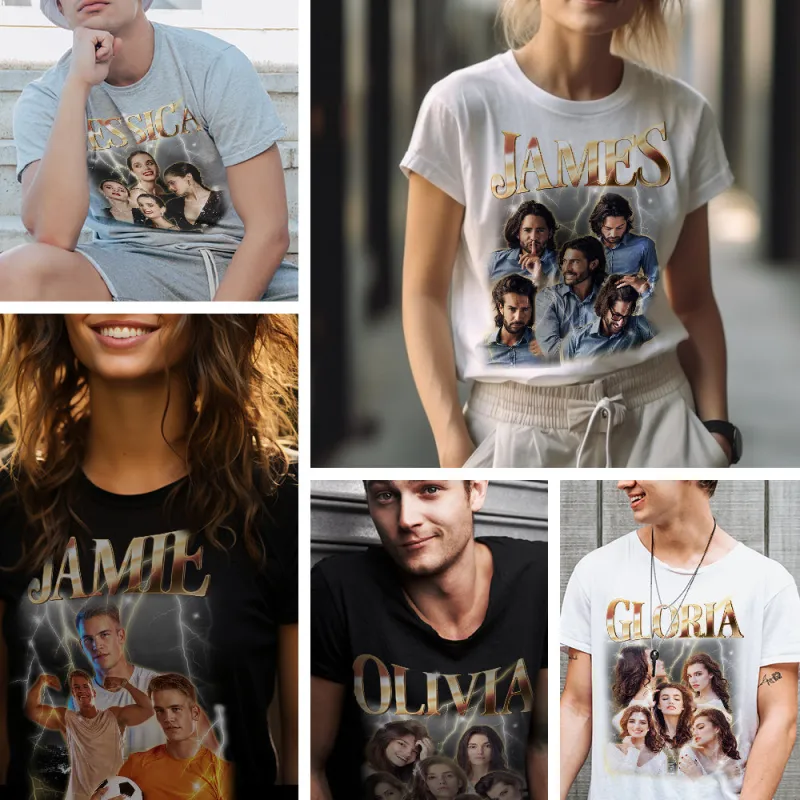 Custom Photo Vintage Tee Personalized Name T-shirt Couple Gifts Black For Him 2