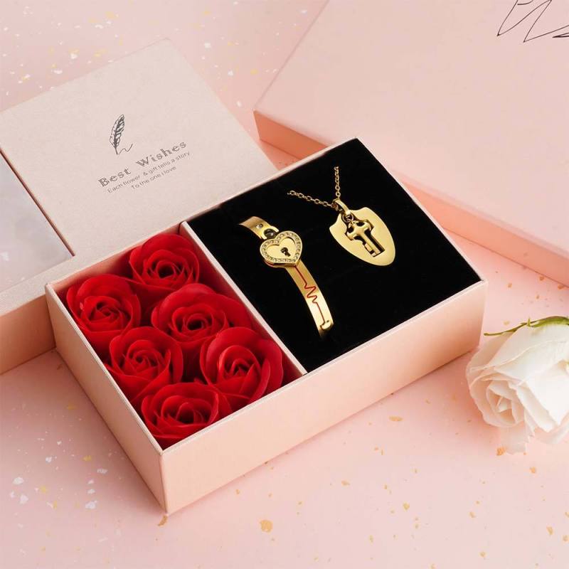 Custom Projection Couple Bracelets & Necklace with Real Rose Bear Gift box Rose Shaped Necklace Gift Box Jewellery Gift Box 1