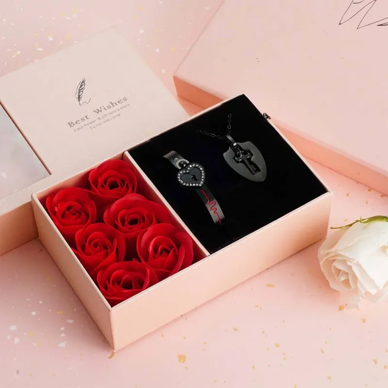 Custom Projection Couple Bracelets & Necklace with Real Rose Bear Gift box Rose Shaped Necklace Gift Box Jewellery Gift Box 3