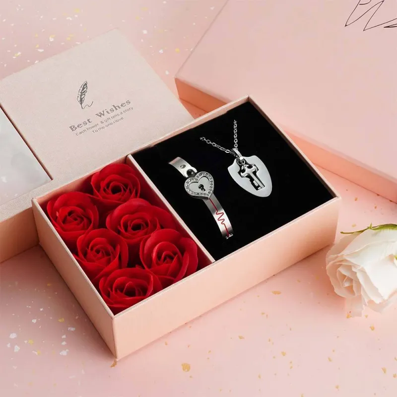 Custom Projection Couple Bracelets & Necklace with Real Rose Bear Gift box Rose Shaped Necklace Gift Box Jewellery Gift Box