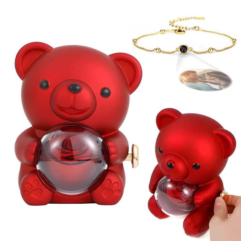 Custom Projection Picture Bracelet with Real Rose Bear Gift box Rose Shaped Necklace Gift Box Jewellery Gift Box 5