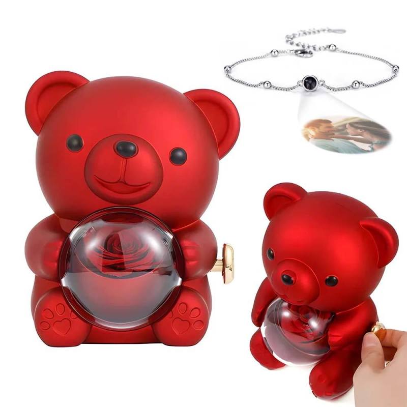 Custom Projection Picture Bracelet with Real Rose Bear Gift box Rose Shaped Necklace Gift Box Jewellery Gift Box