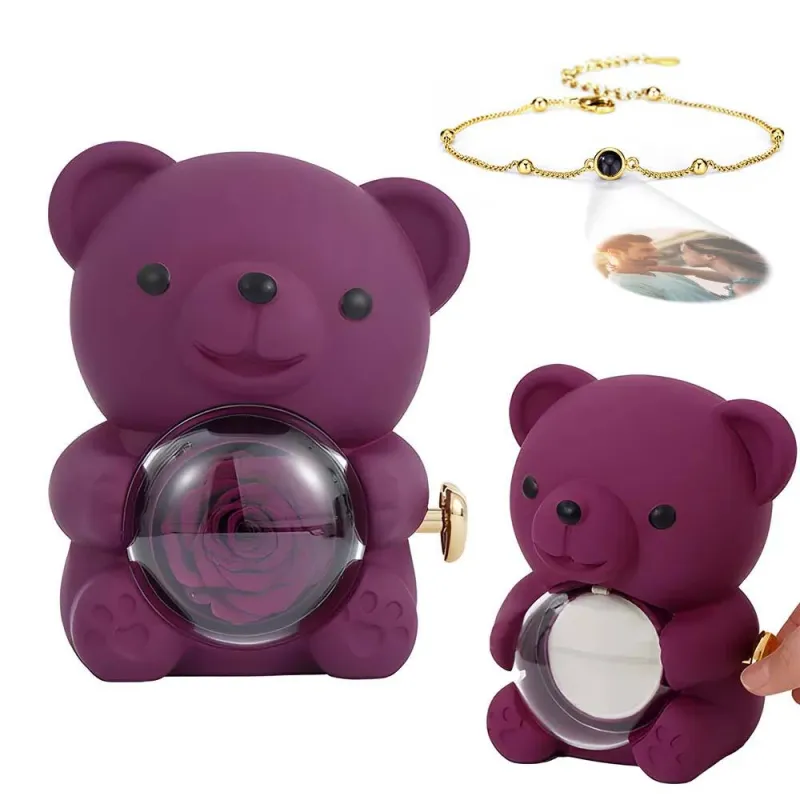 Custom Projection Picture Bracelet with Real Rose Bear Gift box Rose Shaped Necklace Gift Box Jewellery Gift Box 6