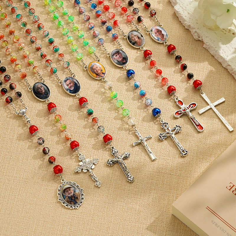 Custom Rosary Beads Cross Necklace Personalized Acrylic Explosion Beads Long Style Necklace with Photo