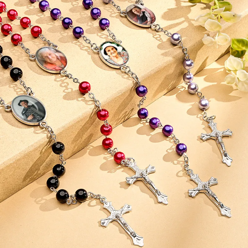 Custom Rosary Beads Cross Necklace Personalized Glass Imitation Pearls Necklace with Photo