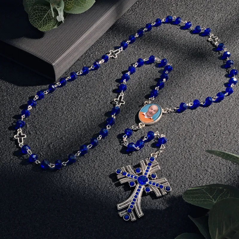 Custom Rosary Beads Cross Necklace Personalized Goth Blue Beads Necklace with Photo