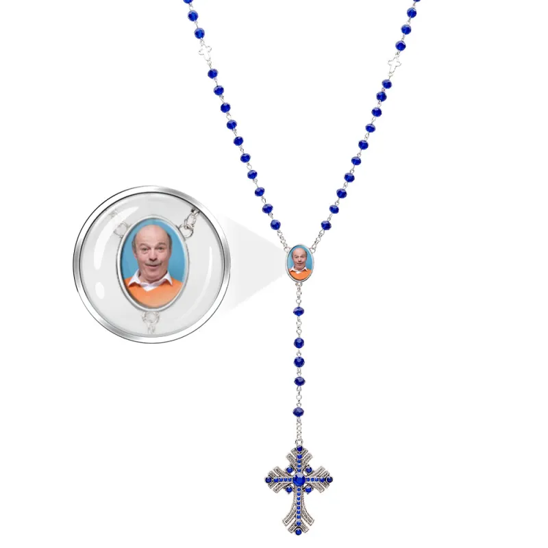 Custom Rosary Beads Cross Necklace Personalized Goth Blue Beads Necklace with Photo 1