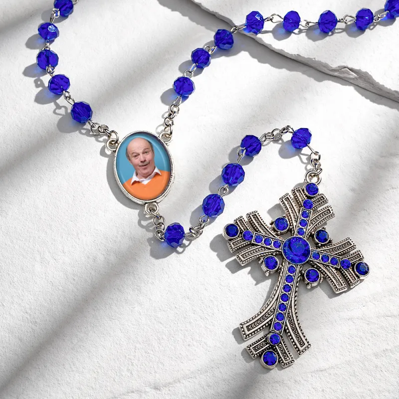 Custom Rosary Beads Cross Necklace Personalized Goth Blue Beads Necklace with Photo 2