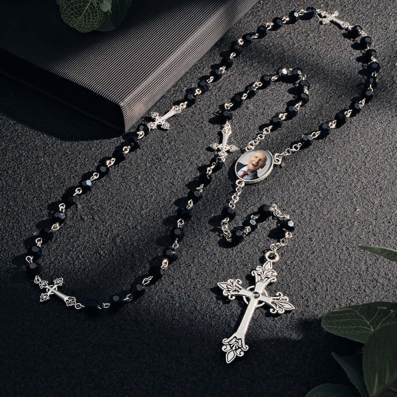 Custom Rosary Beads Cross Necklace Personalized Gothic Cross Necklace with Photo