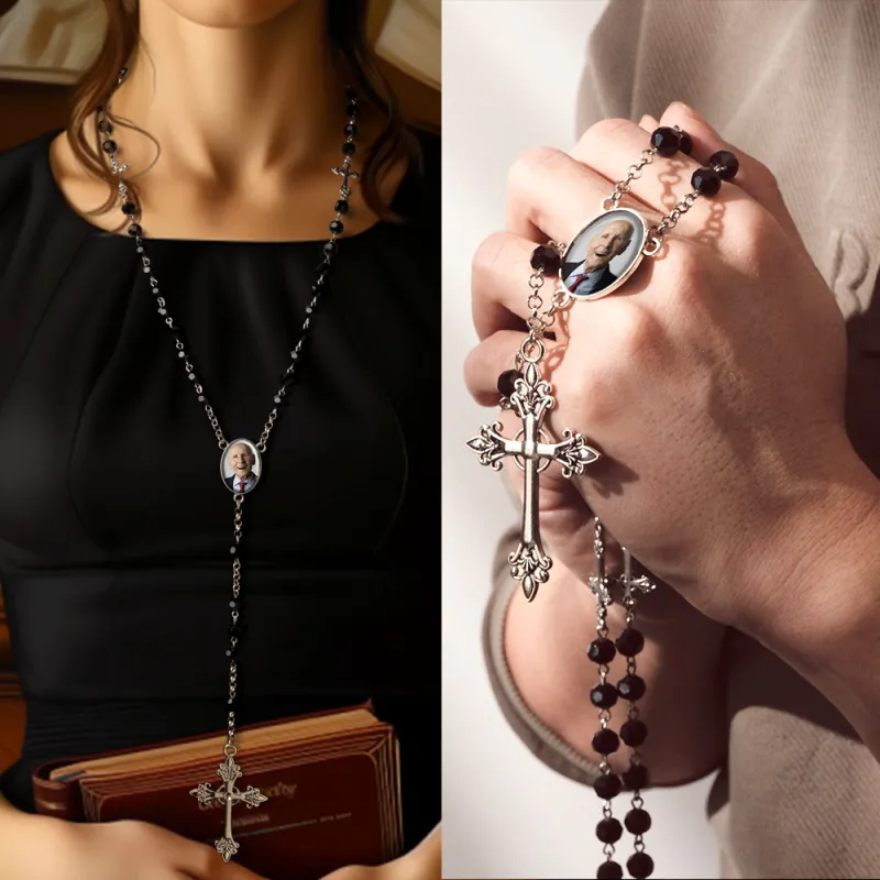 Custom Rosary Beads Cross Necklace Personalized Gothic Cross Necklace with Photo 2