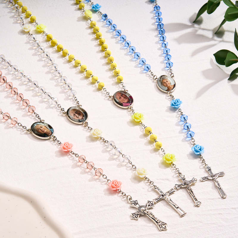 Custom Rosary Beads Cross Necklace Personalized Hip-Hop Style Multi-Color Crystal Necklace with Photo