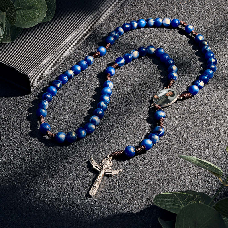 Custom Rosary Beads Cross Necklace Personalized Imitation Agate Beads Hand Woven Necklace with Photo 5