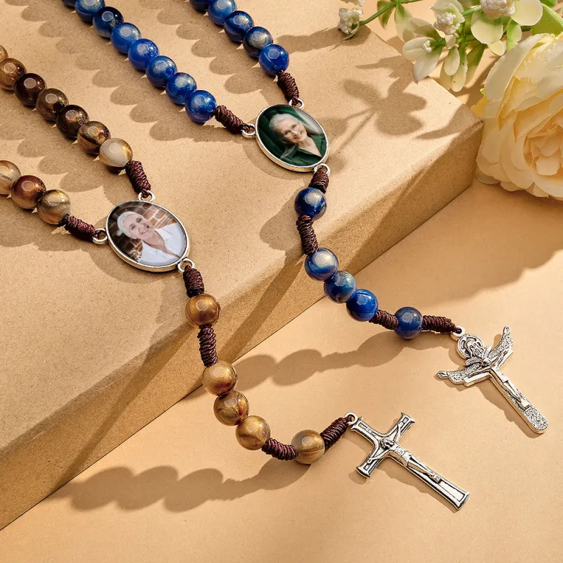 Custom Rosary Beads Cross Necklace Personalized Imitation Agate Beads Hand Woven Necklace with Photo